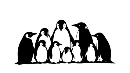 Fototapeta premium Stylized black and white illustration of a diverse group of penguins in a minimalistic art style