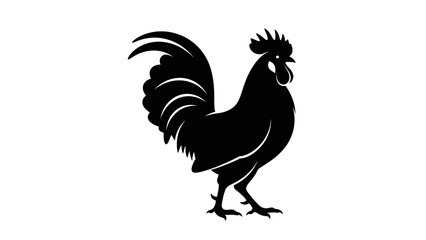 Fototapeta premium Stylized black silhouette of a proud rooster with detailed tail feathers and comb for versatile