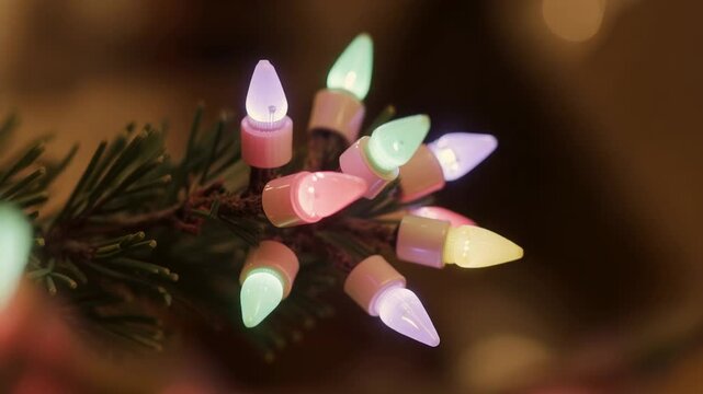 Glowing LED cluster on pine branch shifting focus as camera pulling, making warm bokeh at home