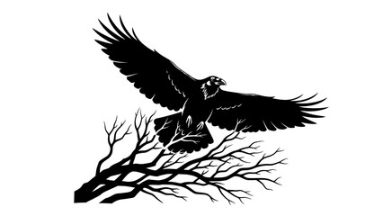 Majestic flying eagle soaring over barren tree branches symbolizing freedom and strength