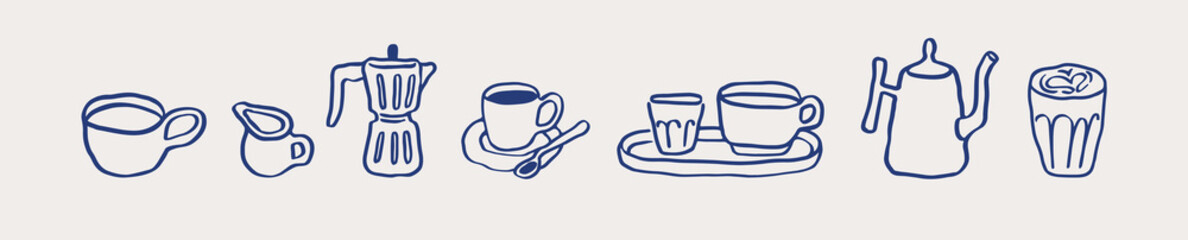 Plakat Coffee set in doodle Italian style. Cup, moka pot, brewing kettle, sketch drawings, line art. Espresso, cappuccino with milk foam. Morning drinks, beverages. Isolated drawn vector illustrations