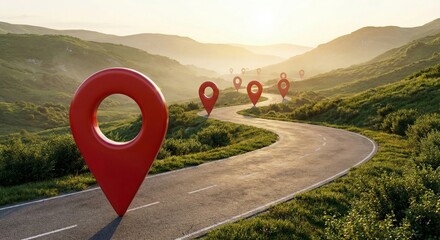 A winding road marked with vibrant red location pins leads towards a sunlit, majestic mountain range, symbolizing a journey's destination, exploration and discovery.