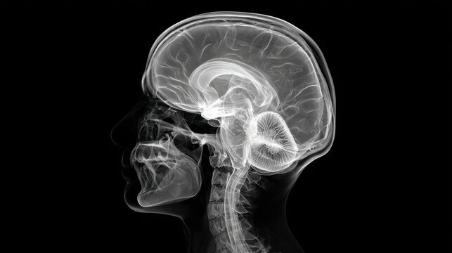 Human brain X-ray scan side view showing skull structure and nervous system anatomy on black background