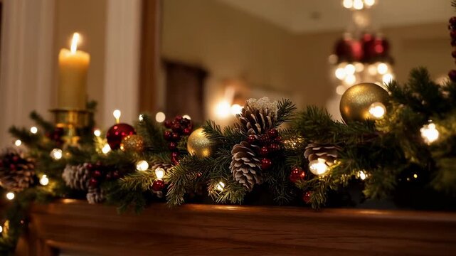 Shifting camera revealing mantel garland at home, highlighting pinecones, string lights, lit candle