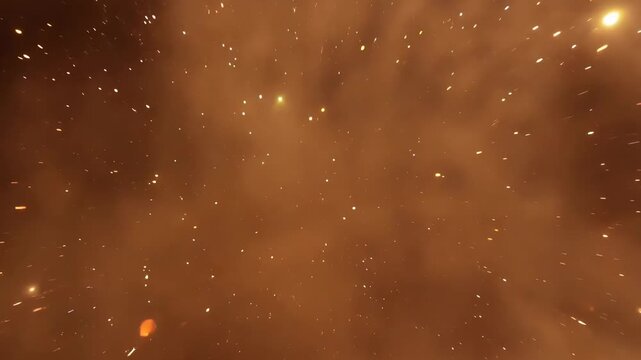 Drifting field of glowing particles and smoke shifting from nearby fire, showing ember movement