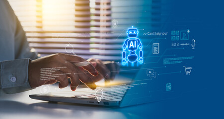 AI agent, holographic robot assistant concept, digital interface showing generative AI functions for digital business productivity, AI agent work with holographic robot interface and assistant tools