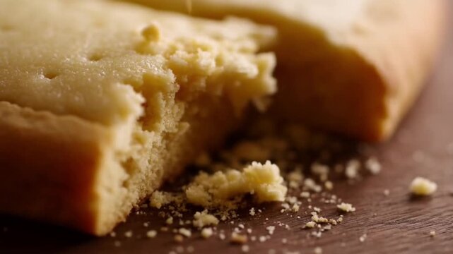 Macro shot of the crumbly texture of a fresh shortbread cookie with crumbs on a wooden surface, crumbly baking concept