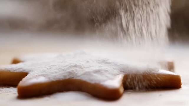 Macro shot of sifting powdered sugar onto warm, glazed star-shaped gingerbread, a delicate holiday baking concept