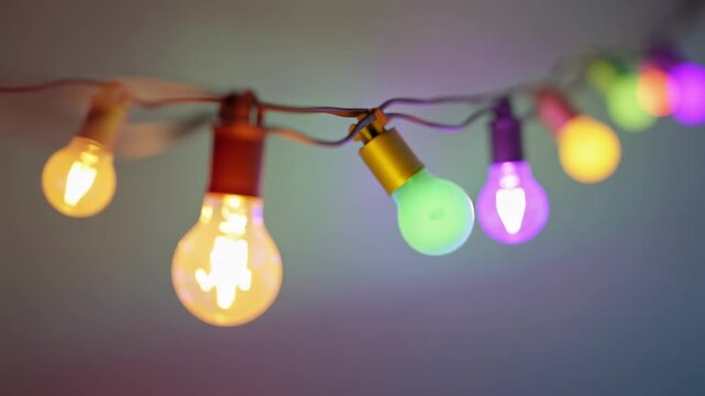 Powering bulb string, central filament in red socket glowing, creating warm cool ambient wall wash