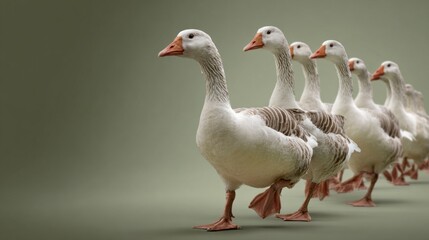 Obraz premium A group of elegant geese strides in harmony, their white feathers contrasting with a serene green background. The sun casts a soft light on their sleek forms