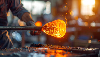 close-up of molten glass being shaped, glassblower rotating blowpipe, bright orange glow, detailed craftsmanship