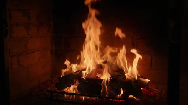 Embers igniting, stacked logs charring and flames rising on metal grate in brick hearth for warmth