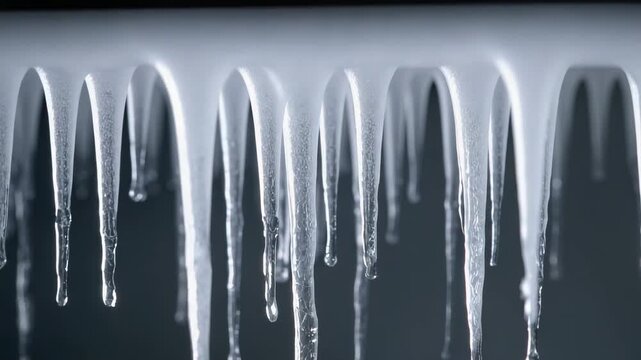 Melting icicle cluster forming and shedding droplets on overhang, caused by slight warming
