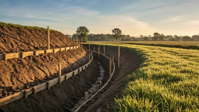 Scenic rural landscape with rising sun over hills and fields captured through three frames