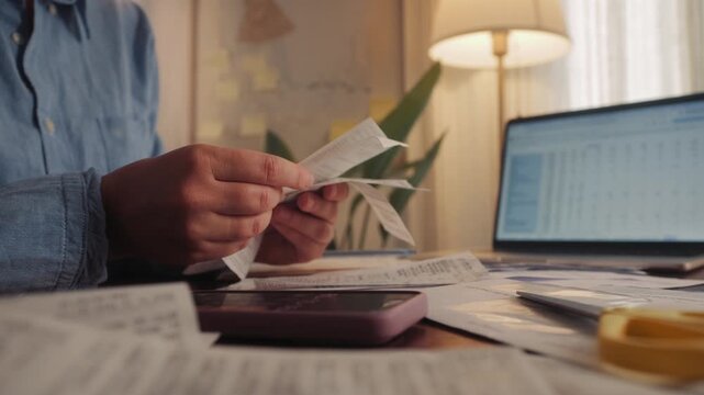 Woman sorts receipts using a calculator to track expenses at home. Budget planning or tax return from home. High quality 4k footage