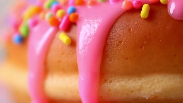 Super slow motion footage of a drop of pink icing dripping down the surface of a sprinkled donut, a concept for a sticky, sweet texture.