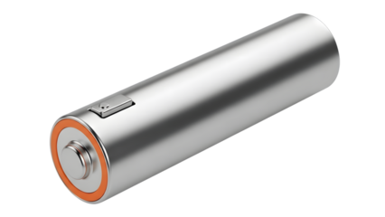 Silver cylindrical battery with orange ring isolated on a transparent background silver battery terminal