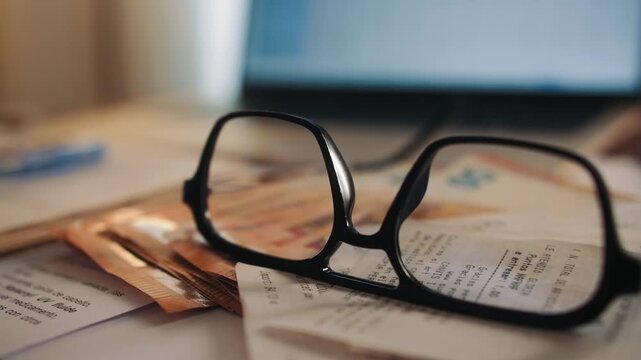 On the desk there are laptop, banknotes of money, a bunch of documents and bills, glasses. The working place of a financial director or accountant. Financial planning, saving, counting funds. High