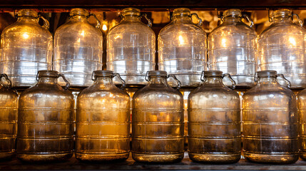 carboys. Rows of glass carboys in a wine cellar with warm ambient lighting. bar promotions, beverage menus, designed for product packaging and bar promotions.
