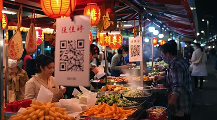 A bustling Asian night market food stall with hanging lanterns, where a vendor serves customers under a prominent QR code sign for digital payments - Powered by Adobe