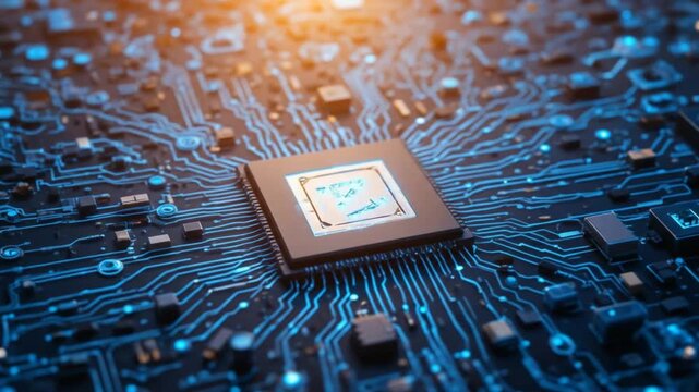 An AI circuit microchip with a glowing blue line, surrounded by a legal scale, warning symbols, datasheets, and binary code, representing ethical AI, AI governance, and data integrity assurance. 4k