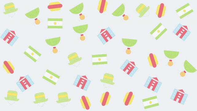 Pattern of Colorful Cocktail Glasses, Party Hats, and Hot Dogs Floating on White Background, Festive Graphic Design, Top View
