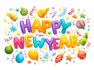 Festive Happy New Year illustration with vibrant party elements and celebratory decorations, colorful and detailed, isolated on white background.