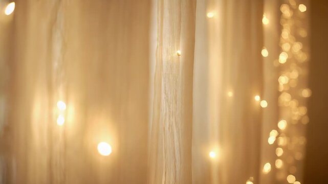 Drifting sheer textured curtain riding soft draft in dim warm room, with string lights twinkling