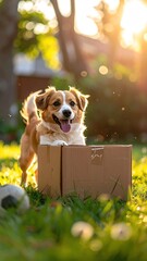 Dog with Box in Garden.