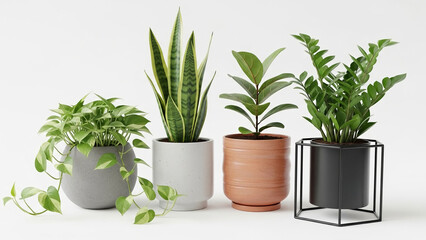 Obraz premium Collection of four potted houseplants including snake plant and pothos in modern ceramic and metal planters isolated on a white background for home decor and interior design