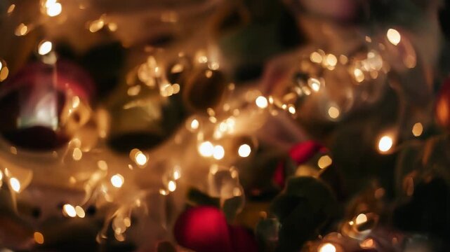 Pulling focus camera revealing tree branch at home, showing warm lights, red baubles, gold tinsel