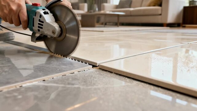 Closeup medium shot of porcelain tiles being trimmed with advanced tools achieving flawless alignment for living room flooring.