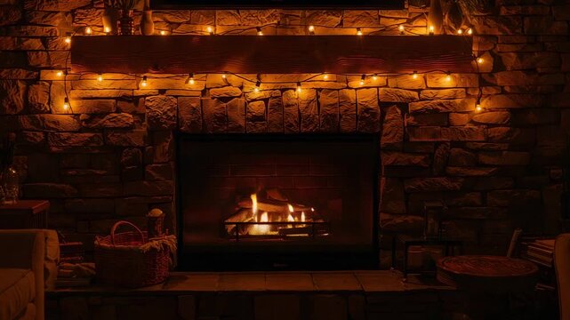 Flickering stone fireplace casting warm light in living room, with burning logs and mantel lights