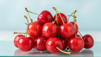 A pile of bright red cherries with water droplets, ready to eat
