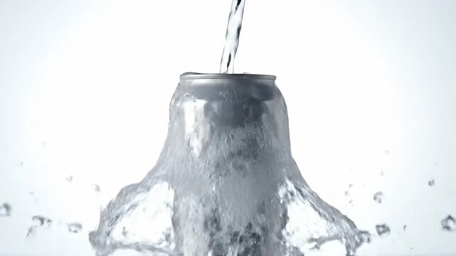 Silver Metal Can Being Rinsed With Water Droplets Cascading Down With A White Studio Background