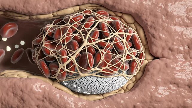 Realistic visualization of platelets aggregating and fibrin strands forming a blood clot at a damaged vessel site
