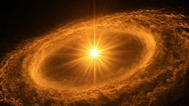 Progressing frames showing orange-gold stellar core rotating in deep space, disk evolving