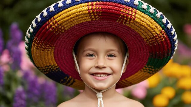 Young Boy Wearing A Colorful Sombrero Hat Outdoors In A Garden With Blurred Purple And Yellow Flowers