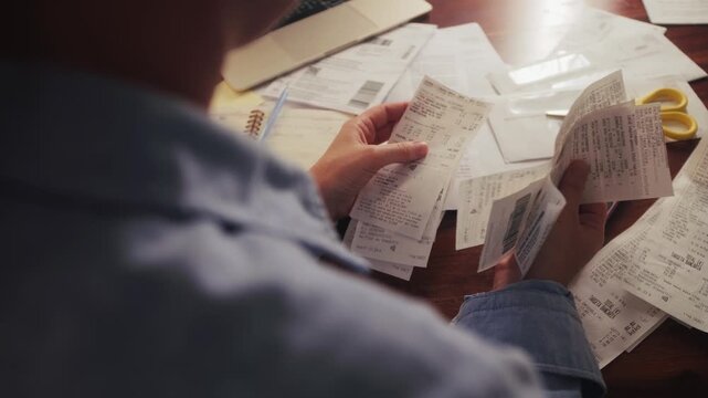 Woman sorts receipts using a calculator to track expenses at home. Budget planning or tax return from home. High quality 4k footage