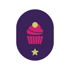 Colorful Cupcake Vector Icon with Star on Dark Purple Background for Bakery and Dessert Marketing