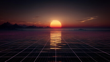 Vaporwave style neon grid seascape with striped sun