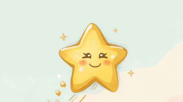 Gliding smiling yellow star floating up-right at pastel sky, trailing golden particles and sparkles