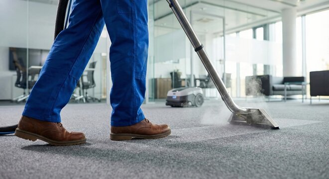A professional cleaner meticulously sanitizes a commercial office carpet, demonstrating cleanliness and hygiene. capturing the essence of diligence and effective maintenance.