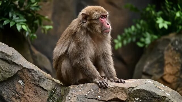 A Solitary Japanese Macaque Monkey Rests on a Rocky Outcrop Surrounded by Lush Greenery in Soft Natural Lighting