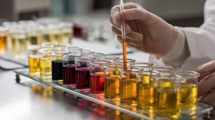Focused medium view of a color specialist adjusting ink concentrations demonstrating the intricate process of achieving specific fantasy color tones.