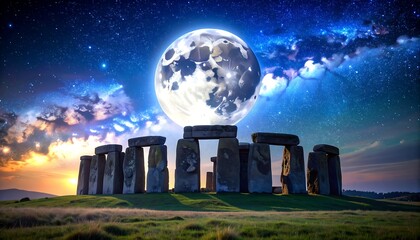 Stonehenge stands majestic, illuminated by a giant moon against a vibrant, starry night sky