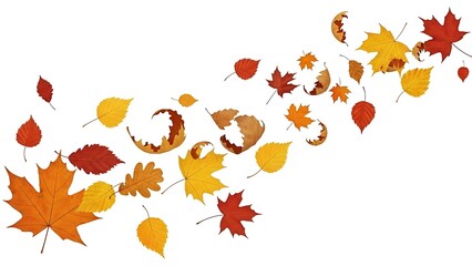 Autumn Leaves Blowing in the Wind Isolated on White Background: Falling Colorful Red, Orange, and Yellow Maple and Oak Foliage with Motion Blur for Fall Seasonal Design