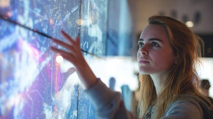 Woman engaging with an ARenabled poster on a wall as digital graphics and animations appear seamlessly overlaying the physical print.