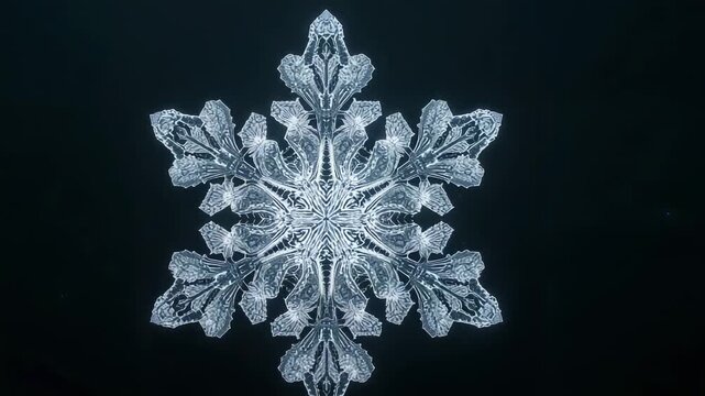 Rotating hexagonal snowflake during five frames in dark studio shifting tone and revealing texture
