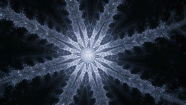 Expanding crystal star growing outward as frames advance in black field, revealing feathery spokes